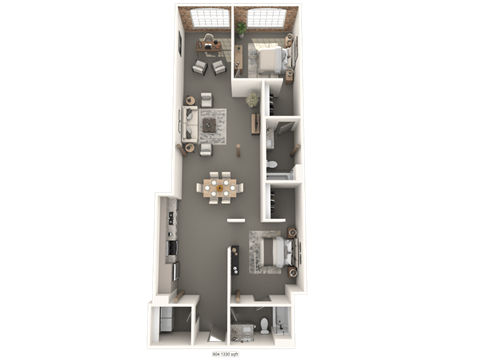 A floor plan of a house with a living room, two bedrooms, a kitchen, and a bathroom.